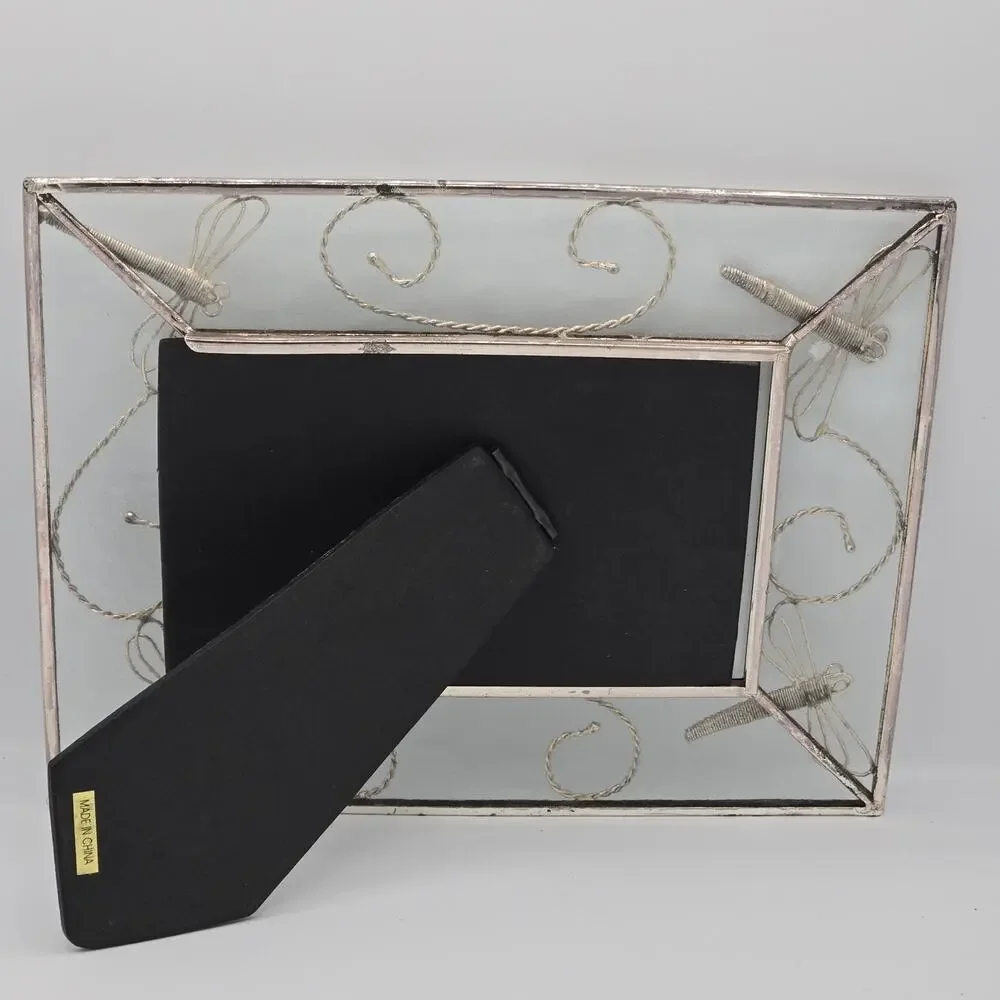 Photo Frame Silver Tone Metal Scroll with Dragonflies 4